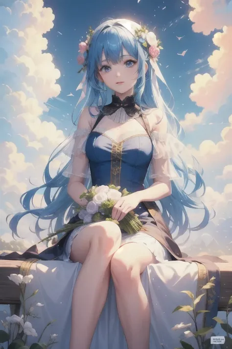 anime、kawaii"An surreal girl is sitting in a vast flower field. She is holding a colorful bouquet of flowers, and in the background there is a blue sky with white clouds. Butterflies are fluttering in the sky, and sparkling light particles are floating in ...