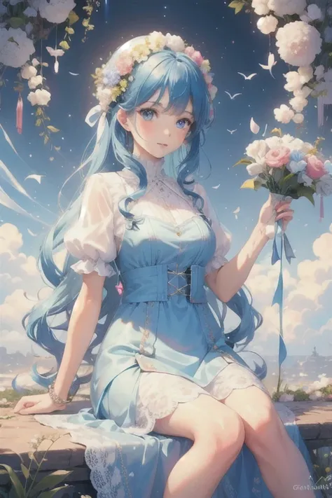 anime、kawaii"An surreal girl is sitting in a vast flower field. She is holding a colorful bouquet of flowers, and in the background there is a blue sky with white clouds. Butterflies are fluttering in the sky, and sparkling light particles are floating in ...