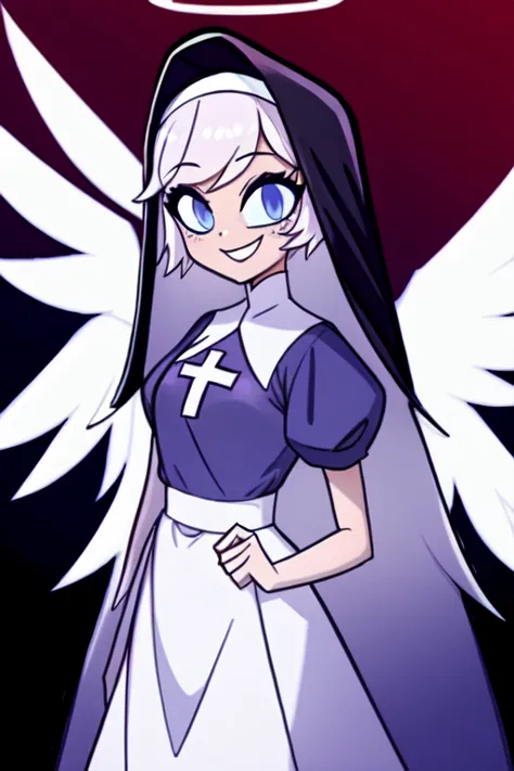 (score_9, score_8_up:1.1), score_7_up, 1girl, sexy girl, kawaii girl, xemilyx, long hair, white hair, bangs, blue eyes, halo, colored skin, angel wings, multiple wings, smile, nun, pixelsketcher