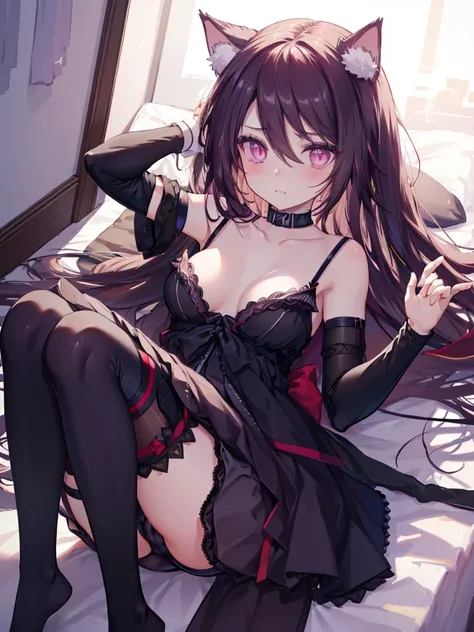 ((medium shot))、(( thighhighs, cat girl, underwear, panties,  lingerie、long hair))、8k、 top quality,  Masterpiece,  Hi-Res, UHD、Alone, detailed face,super detail、perfect anatomy、 embarrassed face、 in the room、 bed、((lying on one's back))