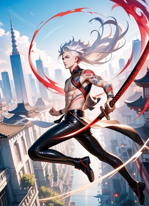 (masterpiece:1.35), (very aesthetic, best quality:1.3), vibrant, 1boy, solo, white hair, wild hair, long hair, sword, jumping in the air, east asian city, official art, dau-al-set, red tattoo, highly detailed, intricate details, absurdres, masterful compos...