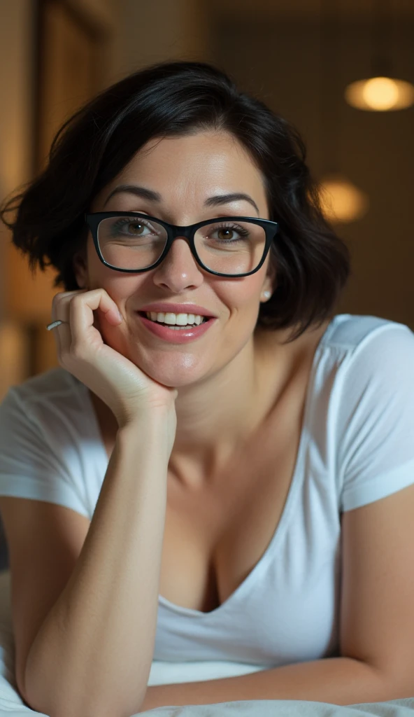 Amateur photo, sharp detail, realistic detail, bokeh. Closeup, cinematic lighting. Dramatic low angle at subject leaning forward to look at the viewer. A beautiful curvy caucasian woman, smile lines, wrinkles, 47 years old, short dark hair, glasses  with t...