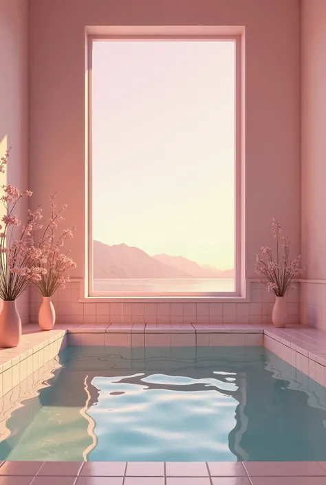 Open pink room with squared bathroom walls, full of water, Window reflecting sunset light, with flower ornaments and giving an aura of backrooms 