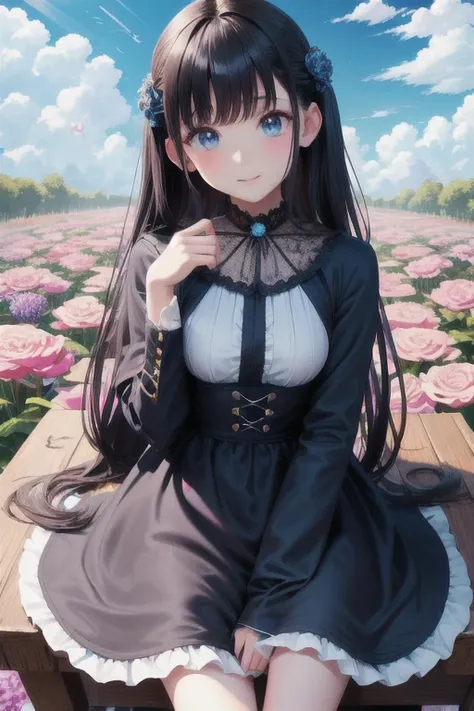 anime、kawaii"An surreal girl is sitting in a vast flower field. She is holding a colorful bouquet of flowers, and in the background there is a blue sky with white clouds. Butterflies are fluttering in the sky, and sparkling light particles are floating in ...