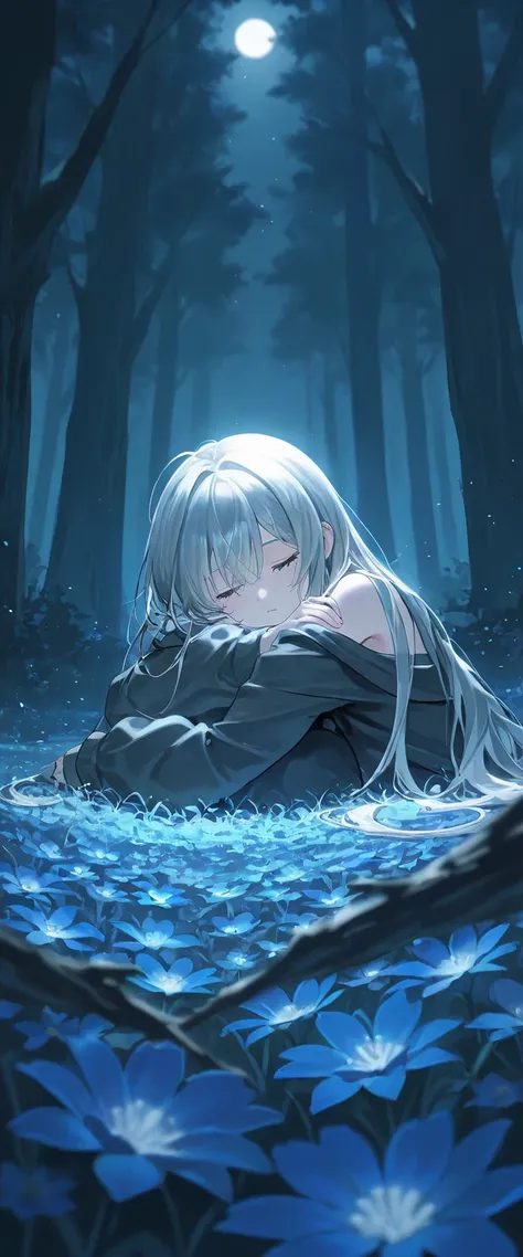 (1 girl with long gray hair:1.4)，In the forest at night、Blue Flower Field、((tears:1.4))、 is sleeping、Moonlight