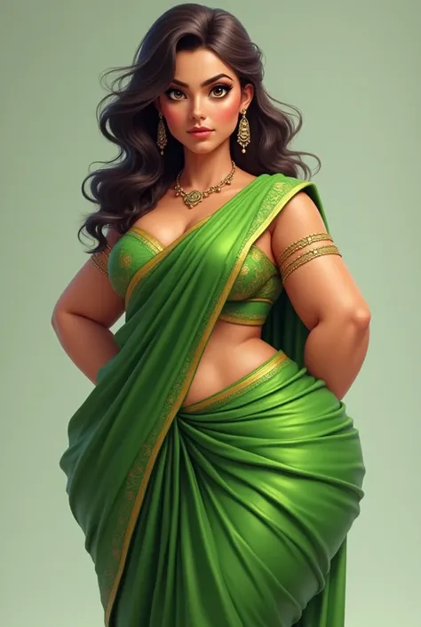 A female cartoon caracter, photo realistic, wearing a green sari,with sexy chubby body,big butt, big boobs,lookin on camra with greedy lust looks