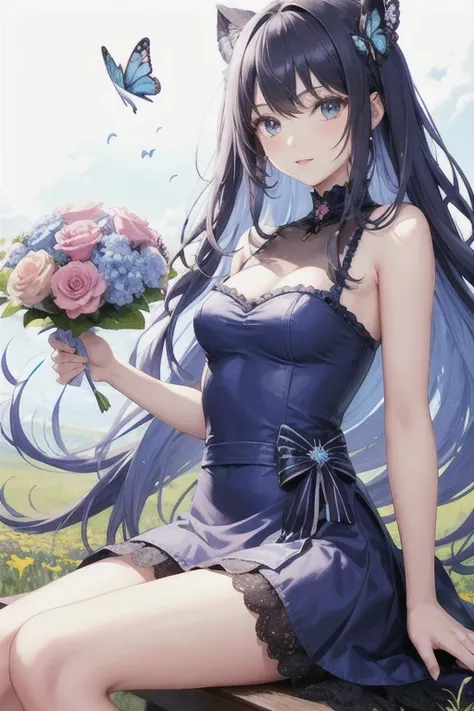 anime、kawaii"An surreal girl is sitting in a vast flower field. She is holding a colorful bouquet of flowers, and in the background there is a blue sky with white clouds. Butterflies are fluttering in the sky, and sparkling light particles are floating in ...