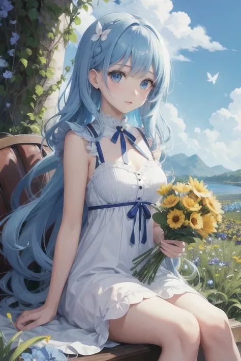 anime、kawaii"An surreal girl is sitting in a vast flower field. She is holding a colorful bouquet of flowers, and in the background there is a blue sky with white clouds. Butterflies are fluttering in the sky, and sparkling light particles are floating in ...