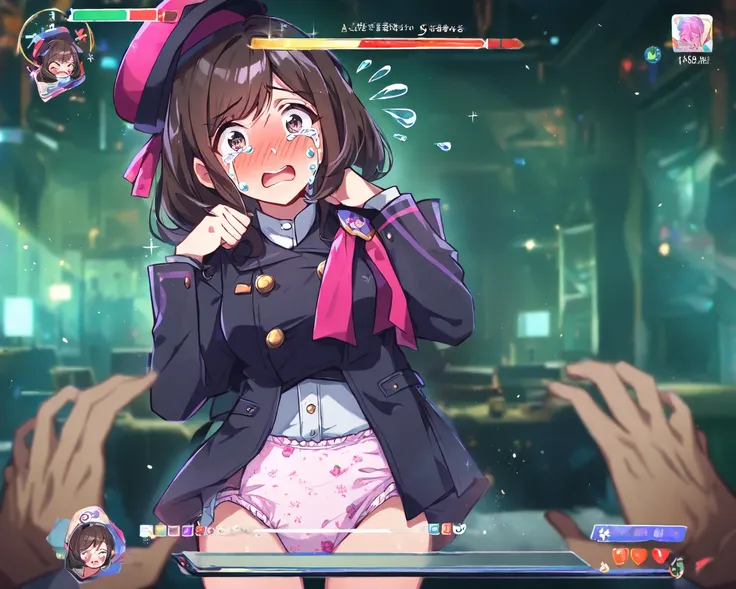 A adult slender video game female boss NPC wearing a pink cloth diaper with six buttons and 3 ribbons, pov, health bar, crying, Shocked, embarrassed