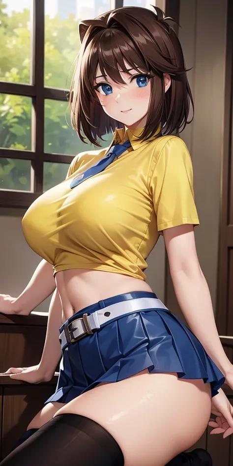   1 female,  high definition,  High resolution  ,    ultra-realistic    ,8K, aamazaki, ( capillary antenna :1.2),  blue tie,blue eyes,falda rosa,((  miniskirt)),((  yellow shirt)),  belt,European,sexy,  Close-up of the upper body  ,  photographed from the ...