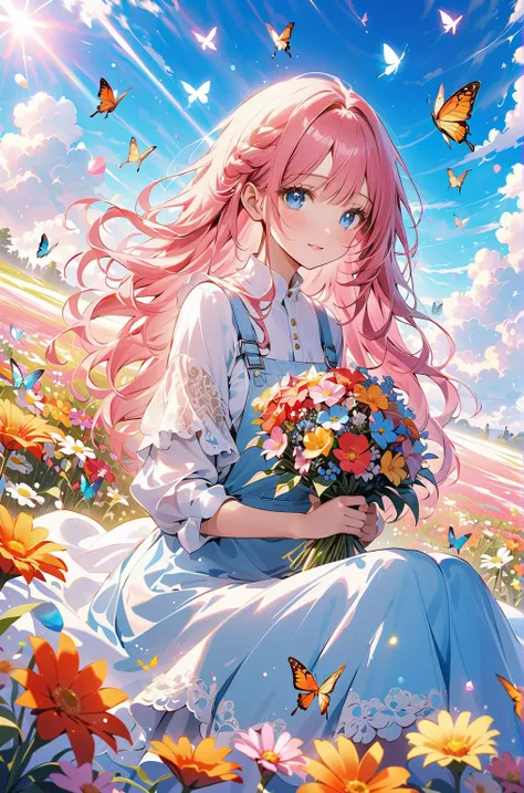 anime、kawaii"An surreal girl is sitting in a vast flower field. She is holding a colorful bouquet of flowers, and in the background there is a blue sky with white clouds. Butterflies are fluttering in the sky, and sparkling light particles are floating in ...