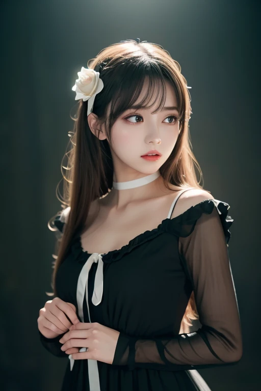 ((masterpiece,  top quality )), best aesthetics, 1 girl, Alone,  long hair,  black dress, flower, ribbon,  black background,  black hair,  Rose, hair ribbon,  green eyes,  Long Sleeve , white  Rose,   closed mouth , black ribbon,  upper body,  cinematic li...