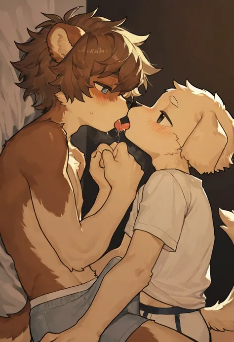 source_ furry， furry male，elementary school students，((boy )),Two dog boy s，Dog Tail  ,short hair,masterpiece, newest,absurdres, incredibly absurdres, bright eyes, detailed eyes,short hair,  messy hair, blush,shirt，Underwear， head tilt,upper body,boy  on t...