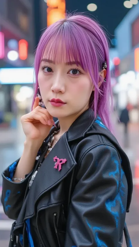 "A futuristic cyberpunk woman with short neon pink hair and cybernetic implants on her face. She wears a high-tech black leather jacket with glowing blue circuits, standing in a rainy neon-lit city street. Her expression is confident, and she holds a holog...