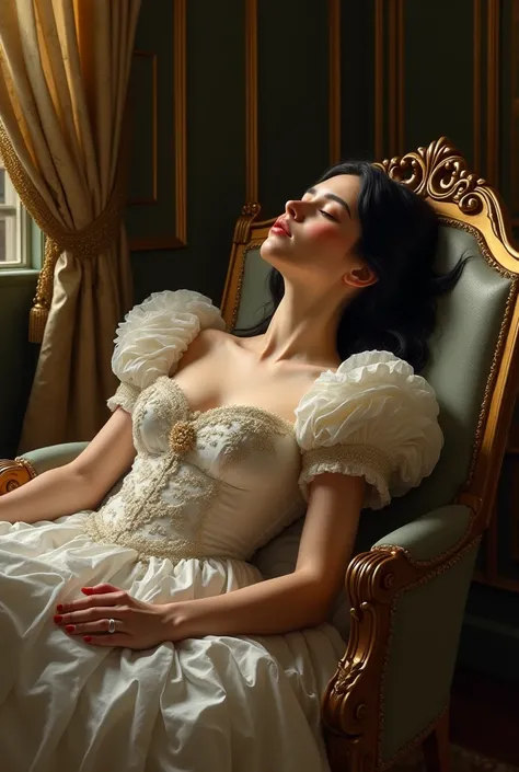 A beautiful young woman with black hair wearing a high society dress in the year 1880 reclining in a chair with her head facing back sleeping full body 