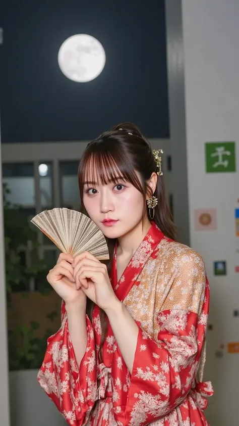 "A beautiful Japanese woman wearing an elaborate red and gold kimono with cherry blossom patterns. Her dark hair is styled in an elegant updo, adorned with traditional kanzashi hairpins. She holds a delicate paper fan, standing under a full moon in a seren...