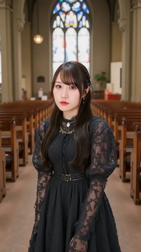 "A mysterious gothic woman with long black wavy hair, dark smoky eyeshadow, and deep red lipstick. She wears a Victorian-inspired black lace dress with intricate details and a choker necklace. She stands in a candlelit gothic cathedral with towering staine...