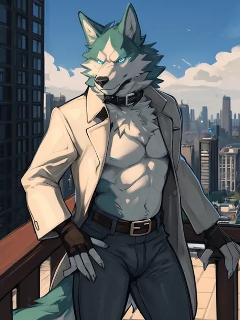 (by zackary911, anime, soft hatching) anthropomorphic, solo, human anatomy, adult, tall, mature, anthro, (muscular, lean, fit body, biceps, pecs), (Shirou ogami, wolf, wolf tail, wolf ears, blue pupils), (beige trench coat, visible chest, tight brown jeans...