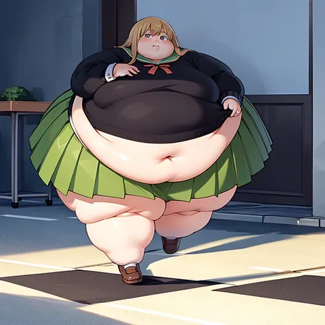 masterpiece,  best quality, Advanced Details ,  very obese ,  girl, （ tired look）,  cute,  high school student, Walking on the floor,  very obese ,  My stomach is very sticking out, very big legs , Wear a uniform,  light yellow sweater,  green skirt,  Long...