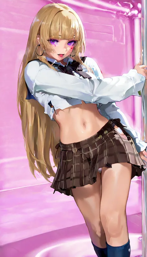 mamimi, 1 girl, heart facial mark, 1 girl, solo, lilischool, long hair, hime cut, blonde hair, blunt bangs, purple eyes, makeup, eyeshadow, lips, long sleeves, brown skirt, plaid skirt, pleated skirt, blue socks, kneehighs, oversized hoop earrings, white s...