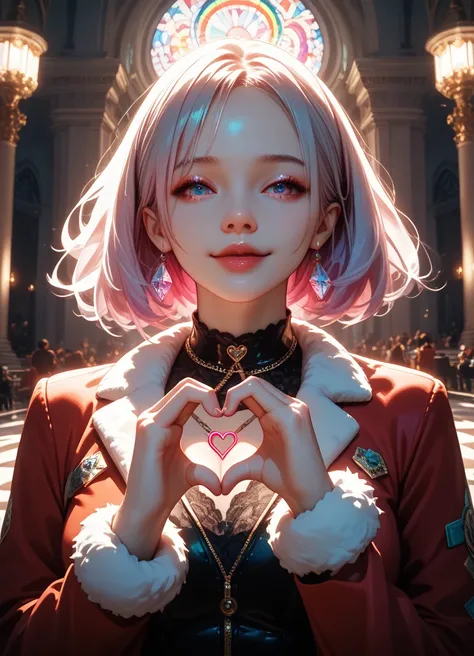 masterpiece, best quality, vibrant, very aesthetic, high contrast, 1girl, mkpm_opm, finger heart, The Eternal Warfield background, fur trim, masterwork, raytracing, highly detailed, absurdres, masterful composition, cinematic lighting, rim lighting
