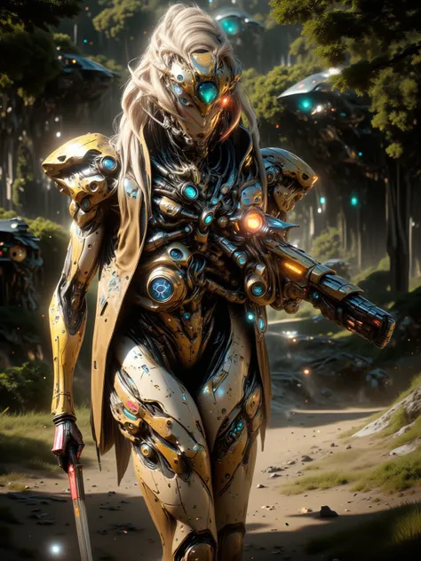 Female Elf, Long Blonde Ponytail with Blunt Bangs, Long Elven Ears, Glowing Blue and white Cybernetic Eyes, Tanned Skin, Large Breasts, Wide Hips, Thick Thighs, Long Legs, Wearing Form Fitting Advanced Golden Leaf Motif Advanced Cybernetic Armor, Holding a...