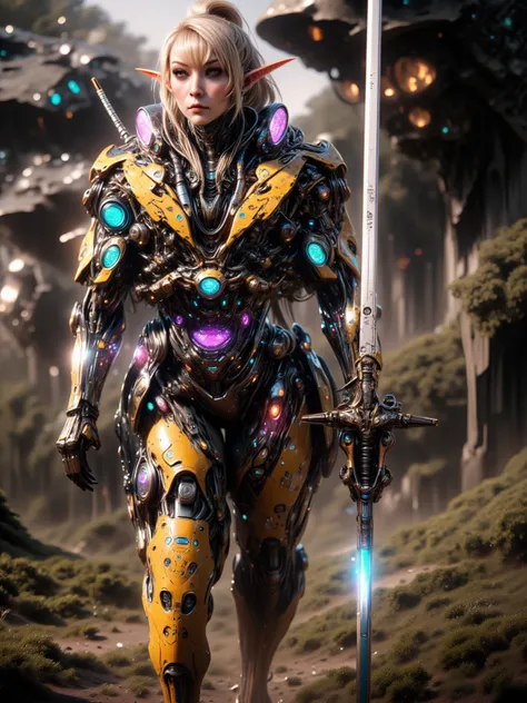 Female Elf, Long Blonde Ponytail with Blunt Bangs, Long Elven Ears, Glowing Blue and white Cybernetic Eyes, Tanned Skin, Large Breasts, Wide Hips, Thick Thighs, Long Legs, Wearing Form Fitting Advanced Golden Leaf Motif Advanced Cybernetic Armor, Holding a...