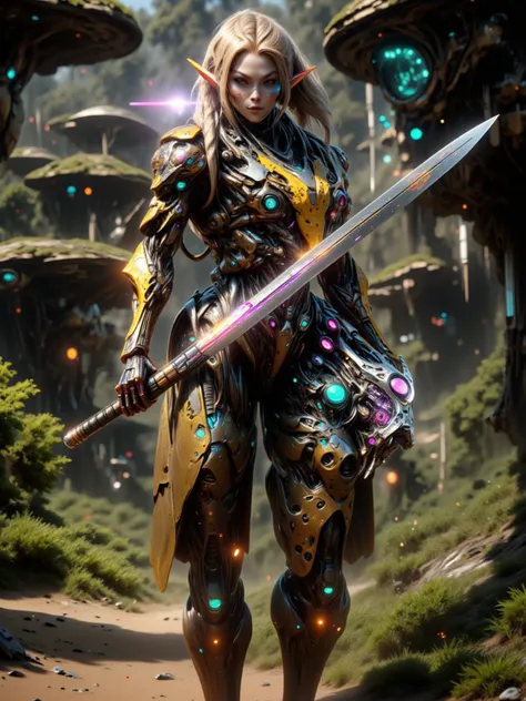 Female Elf, Long Blonde Ponytail with Blunt Bangs, Long Elven Ears, Glowing Blue and white Cybernetic Eyes, Tanned Skin, Large Breasts, Wide Hips, Thick Thighs, Long Legs, Wearing Form Fitting Advanced Golden Leaf Motif Advanced Cybernetic Armor, Holding a...