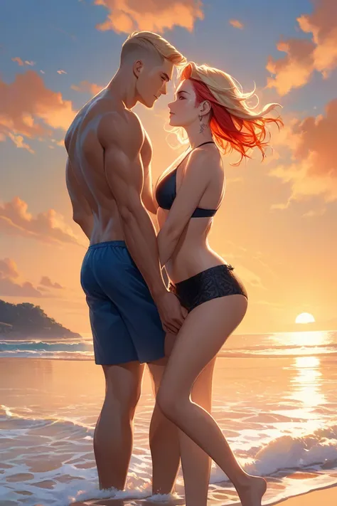 A stunningly realistic 3D couple walking hand in hand along the shoreline of a picturesque beach. The female has fiery red hair with sharp, undercut shaved sides that elegantly frame her face, while the male sports a blonde buzz cut that complements his st...