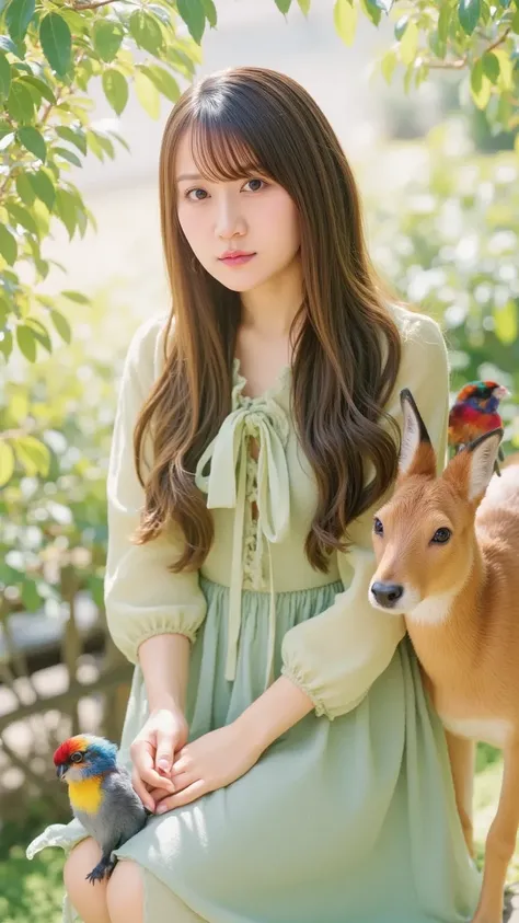 "A beautiful young woman with long, wavy golden hair and a flowing pastel green dress, sitting in an enchanted forest. She is surrounded by adorable animals—fluffy rabbits, curious foxes, tiny deer, and colorful birds perched on her shoulders. Sunlight fil...