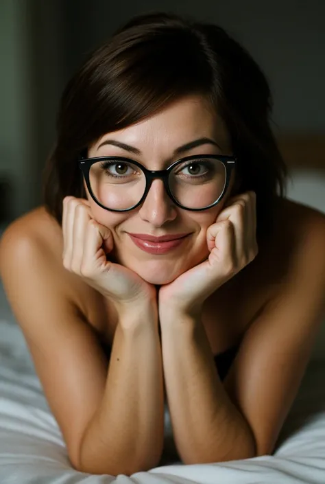 Amateur photo, sharp detail, realistic detail, bokeh. Closeup, cinematic lighting. Dramatic low angle at subject leaning forward to look at the viewer. A beautiful chubby caucasian woman, smile lines, wrinkles, 47 years old, short dark hair, glasses  with ...