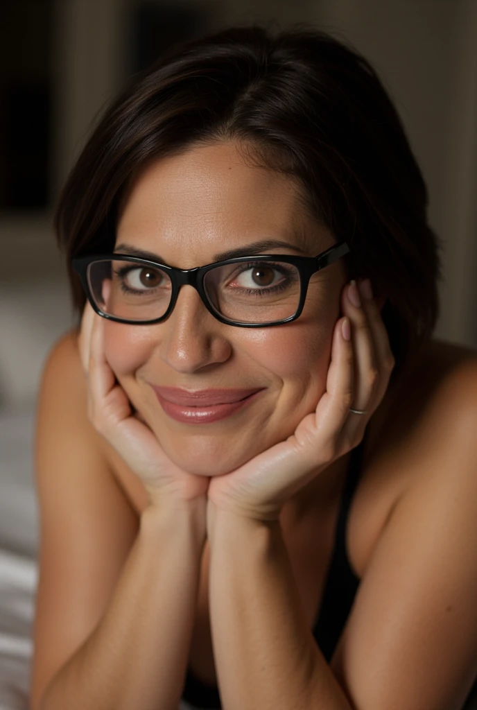 Amateur photo, sharp detail, realistic detail, bokeh. Closeup, cinematic lighting. Dramatic low angle at subject leaning forward to look at the viewer. A beautiful chubby caucasian woman, smile lines, wrinkles, 47 years old, short dark hair, glasses  with ...