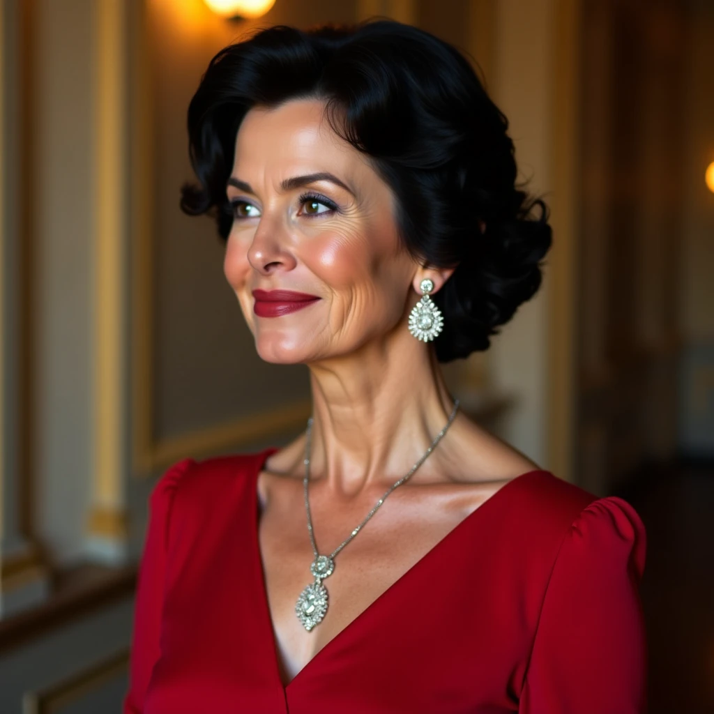 Alone,  breasts, subtle smile,  looking at the spectator,  short black hair,  ojos azules, jewelry,  From the Side ,  High resolution ,  masterpiece,  the best quality, Detail, Woman 50 years old, red dress neckline, Opulent mansion background.