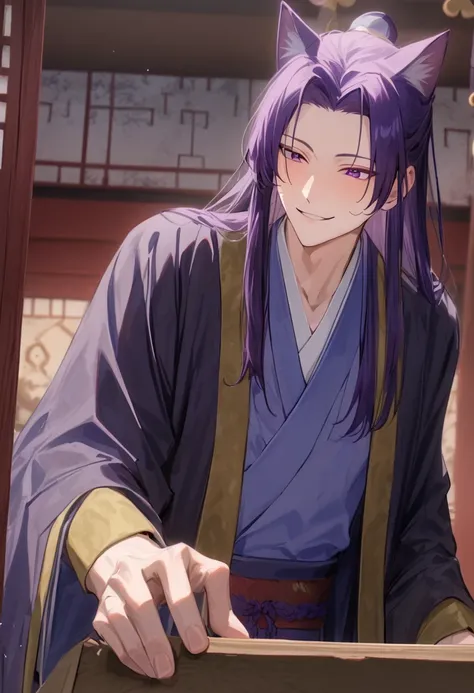 masterpiece, newest, absurdres, safe, Solo, high detailed, jinshi, purple hair, long hair, purple eyes, hair down, cat ears, cat tail, sexy male, seductive, expressive eyes, playful smile, sexy yokai, japenese room, in a Japanese shrine, sexy, multi color ...