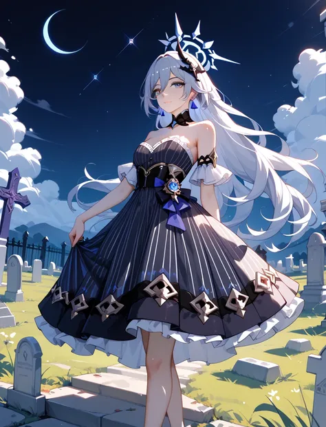 solo, 1girl, striped dress, vertical stripes, strapless dress, peplum, mobius_(honkai_impact), echo (circa),graveyard,
