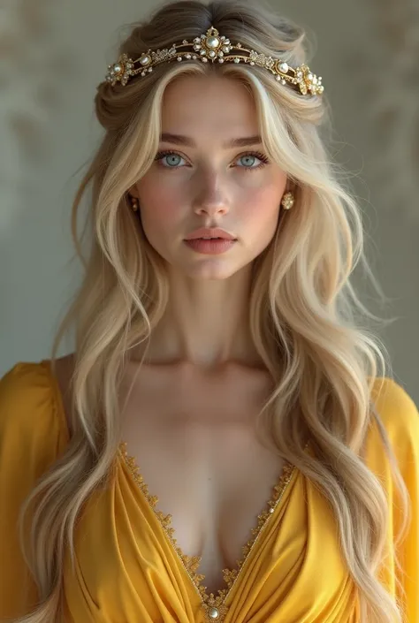  photorealistic blonde woman approximately 22 years old, Princess, vestido amarillo o dorado entre Princess y guerrera, delicate tiara , innocent face