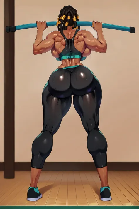 score_9, score_8_up, score_7_up, score_6_up, score_5_up, score_4_up, large breasts, huge breasts, long legs, wide hips, thick thighs, sweating, sweaty, indoors background, standing, dark skin, dread locks, dreadlocks, black skinned, muscular, sport clothes...