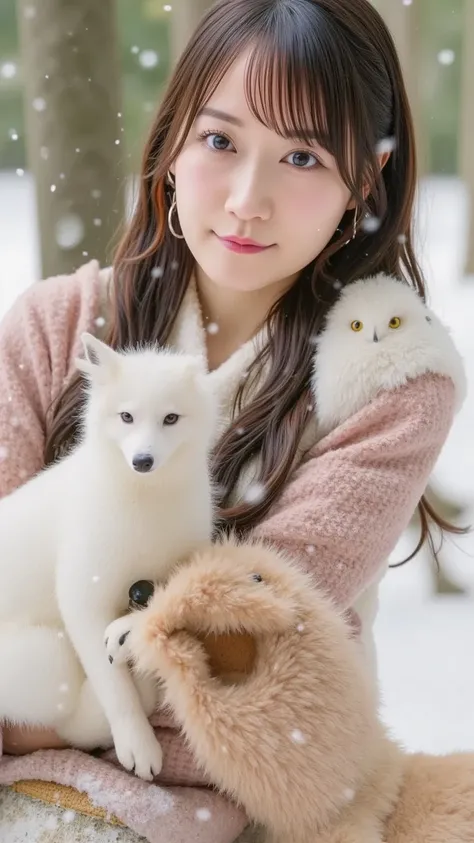 "A warm and cozy scene of a woman with rosy cheeks, wrapped in a thick woolen coat and scarf, sitting on a snowy tree stump in a winter forest. Around her are a gentle white fox, a fluffy owl perched on her arm, and a small reindeer resting beside her. Sof...