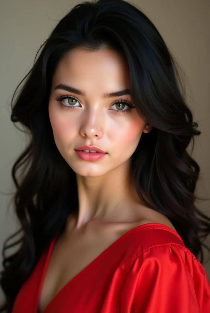 4k 9 by 16 photo of a beautiful young woman
black hair
green eyes
She is wearing a red dress