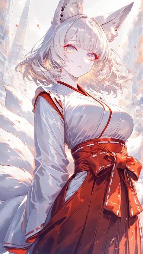 (( top quality)), (( Masterpiece)), ( Details) fox ears,The coat of platinum,10 tails,lady, medium hair, red eyeliner, with irises eyes, wide-eyed, eyes half-closed, looking at viewer, athletic, pale skin, orange shrine maiden costume, Red Hakama, towering...