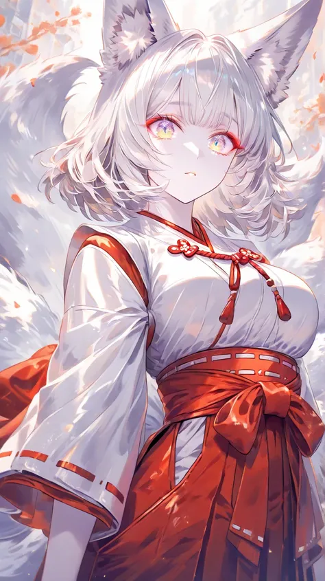 (( top quality)), (( Masterpiece)), ( Details) fox ears,The coat of platinum,10 tails,lady, medium hair, red eyeliner, with irises eyes, wide-eyed, eyes half-closed, looking at viewer, athletic, pale skin, orange shrine maiden costume, Red Hakama, towering...