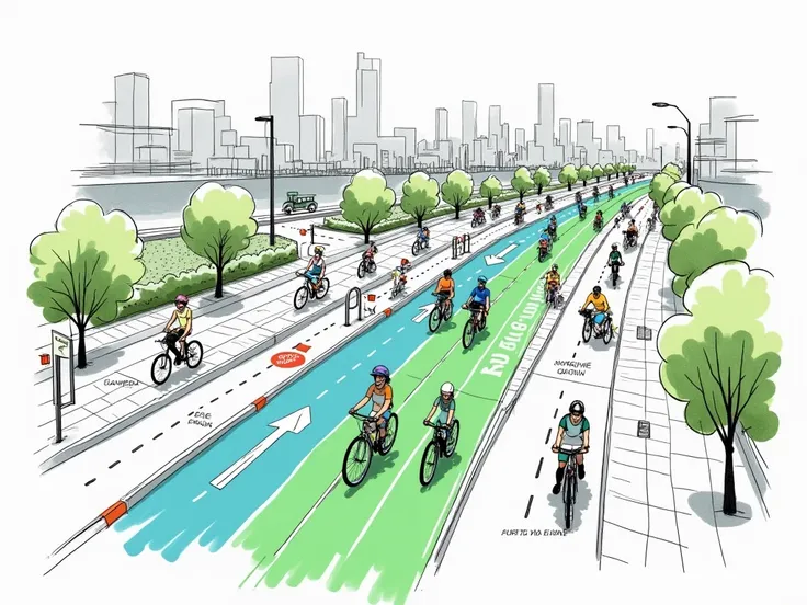 A conceptual sketch-style illustration of a proposed urban bike lane network for a modern city. The scene is drawn in a loose, hand-drawn aesthetic with rough lines, subtle shading, and annotations. Bird's-eye view of a vibrant cityscape with wide streets,...