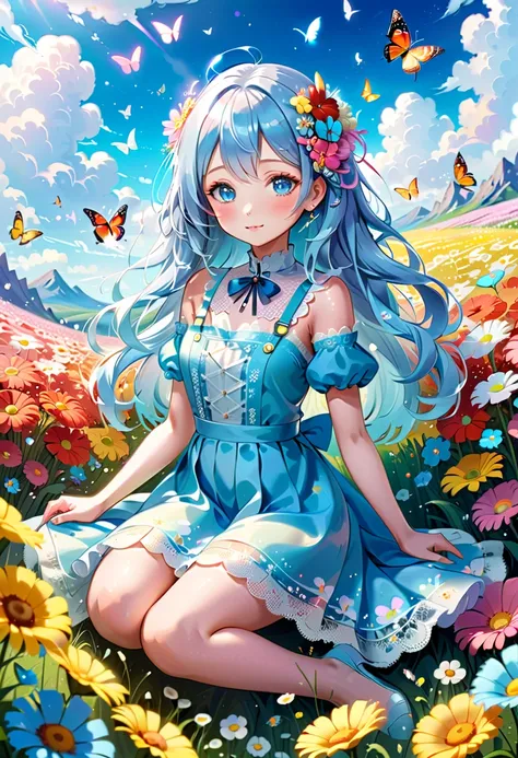 anime、kawaii"An surreal girl is sitting in a vast flower field. She is holding a colorful bouquet of flowers, and in the background there is a blue sky with white clouds. Butterflies are fluttering in the sky, and sparkling light particles are floating in ...