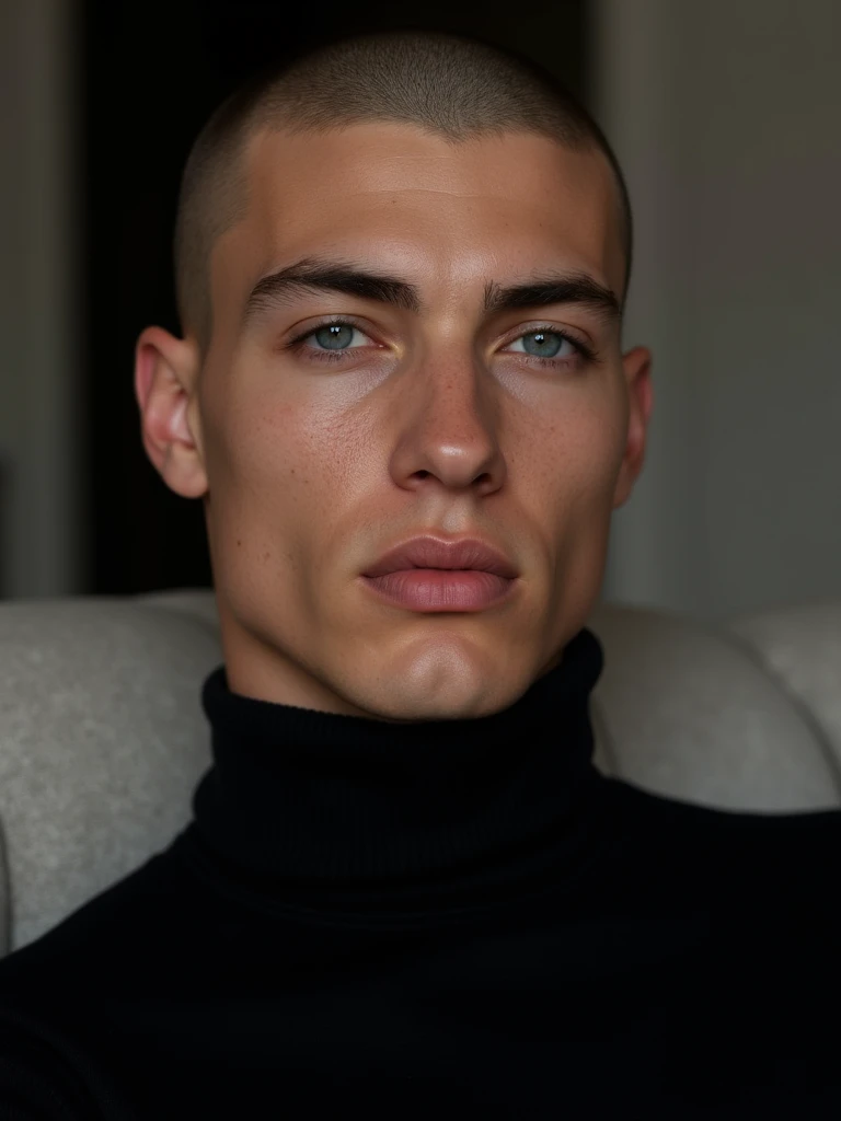 Ultra realistic portrait of a man named Bryan Fournier Durand, a 21 year old with striking features. no facial hair. His hair is shaved. Its eyes are small and intense, gray in color, conveying depth and mystery. Her nose is large and thin, bringing elegan...