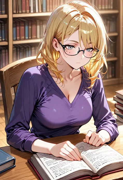 Ultra-detailed, (portrait), hyper detailed, absurdres, 8k, highest quality, super high quality, one person, bust shot, (1 girl), cute,  mature, purple v-neck shirt, black leggings, thick nerdy glasses, mole under left eye, long blonde hair,  gray eyes, exp...