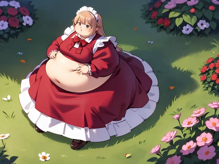 masterpiece,  best quality, Advanced Details ,  very obese ,  girl,  cute,  sitting on the floor,  very obese ,  My stomach is very sticking out, very big legs , Standing in the garden ,  The entire dress completely covers the body.、(pink long sleeve maid ...