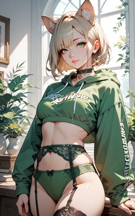 solo, 1girl, green bikini, cropped hoodie, long sleeves, garter belt, choker, animal ears,
