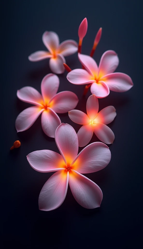 pink and white electrography pale  plumeria flowers on black back ground,flatlay view,ethereal glow