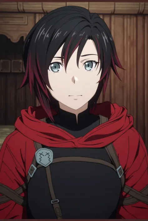 Anime guy, with silver eyes, black hair with red highlights, from sword art online, wearing fantasy black clothes, armor chest plate