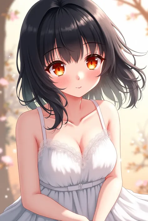 A  from anime,  black hair,  orange eyes,  Clear skin,  White clothes.